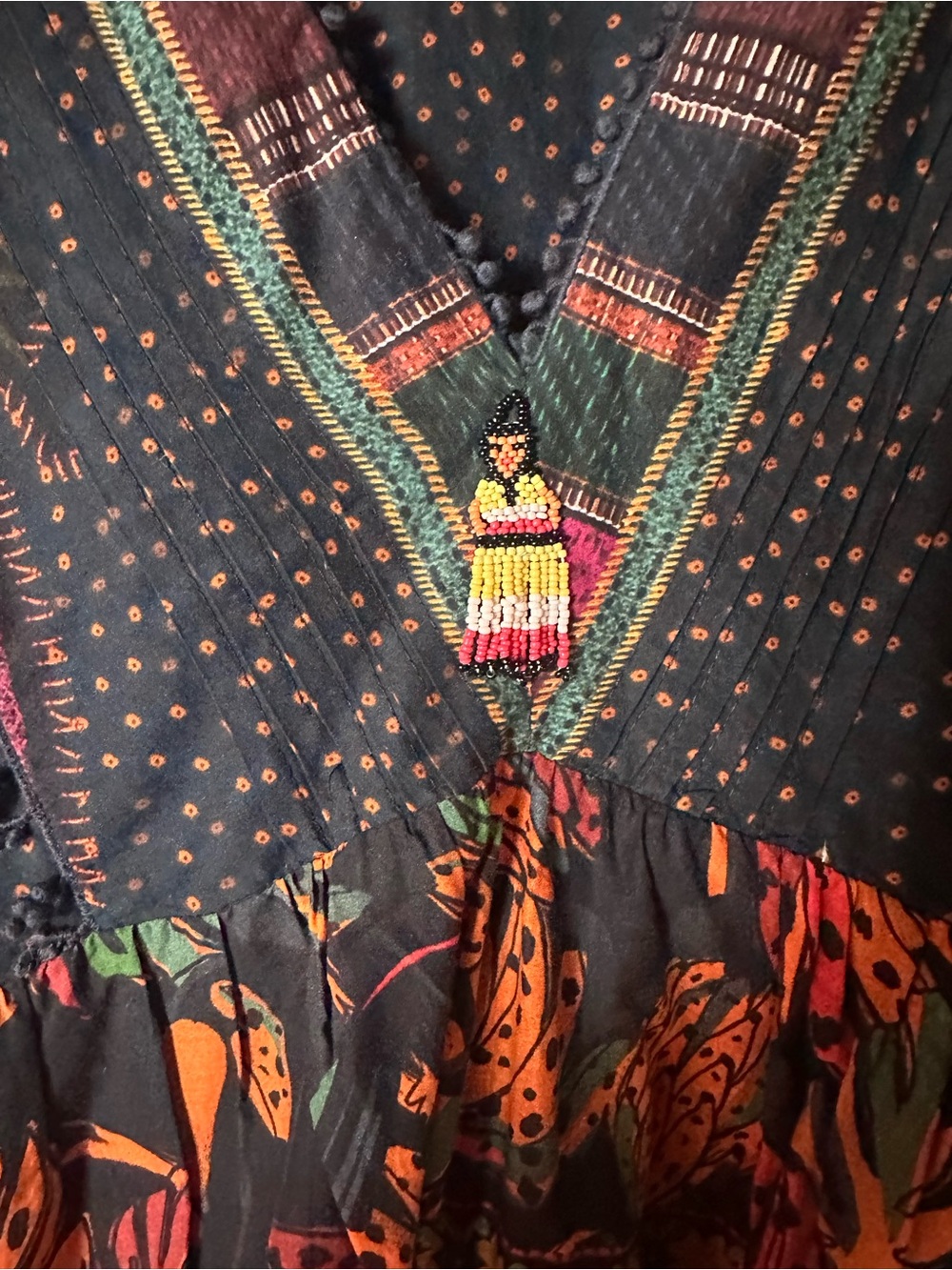 Farm Rio, Bohemian Patchwork V-Neck Long Sleeve Dress in Navy Multi - Picture 4 of 6